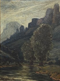 Illegibly Signed Mountain Stream Landscape Oil Painting