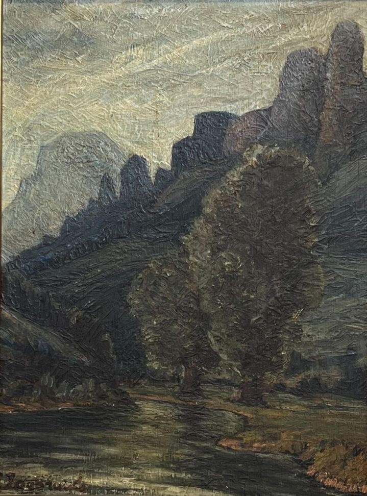 Illegibly Signed Mountain Stream Landscape Oil Painting (1 of 3)