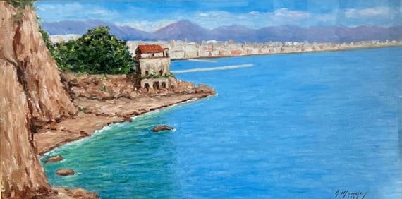 1967 Seascape Seaside City Oil Painting on Board