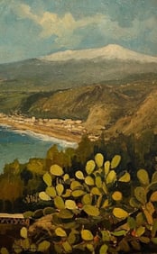 Attilio Castiglioni (Italian, 1928 - 1990) Shoreline Mountanous Landscape Oil Painting