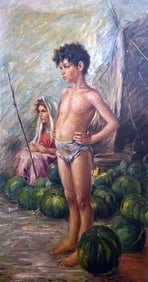 Antique Street Scene Boy & Girl Selling Watermelon Oil Painting