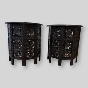 Antique Pair of Anglo Indian Carved Octagonal Folding Tables