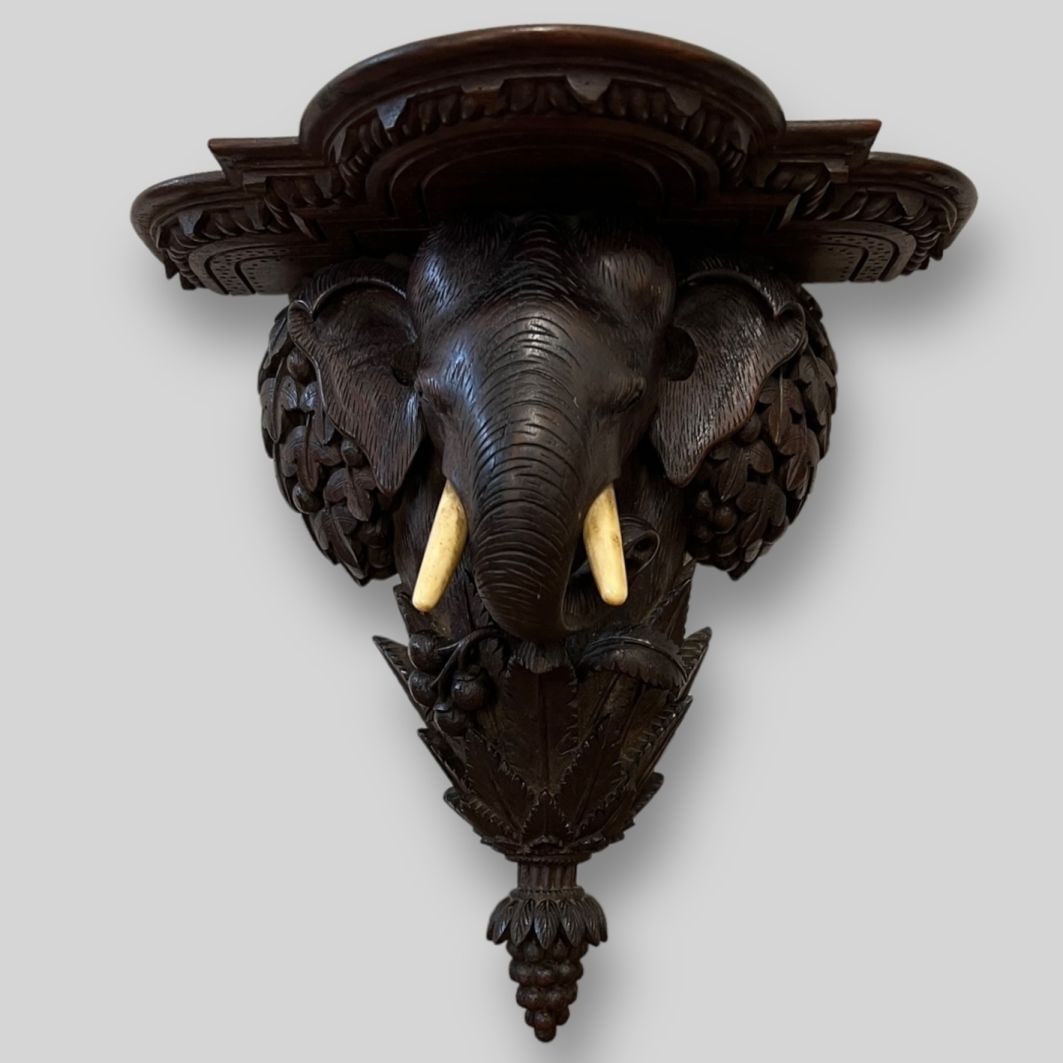 Antique Carved Hanging Wall Shelf Ebony Elephant Head (1 of 4)