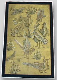 Antique Asian Hand Painted Tapestry w/ Birds