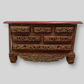 Antique Asian Chinese Carved Wooden Jewelry Cabinet
