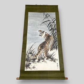 Antique Signed Chinese Tiger Watercolor Painting Large Scroll