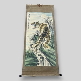 Antique Chinese Watercolor Tiger Painting Large Scroll Illegibly Signed