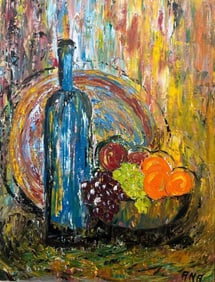 Ana (Unknown) Fruit and Wine Multicolor Still Life Painting