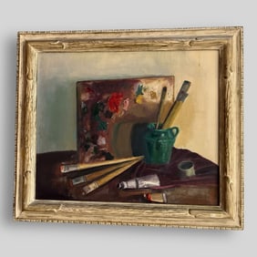 Framed Oil Painting on Canvas Signed A.H.N. w/ Wooden Artists Pallet