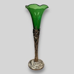 Antique Art Nouveau Gorham Sterling Silver & Green Glass Vase