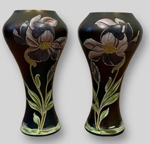 Antique Pair of Enamel Floral Design Amethyst Glass Vases