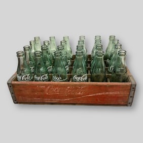 Vintage Wooden Advertising Coca-Cola Crate w/ Coke Glass Bottles