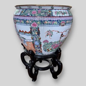 Vintage Chinese Large Porcelain Planter Flower Pot w/ Wooden Stand