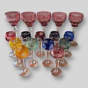 Lot of 16 Bohemian Multicolor Crystal Wine Liquor Goblets