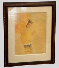 Watercolor Painting of Asian Woman w/ Umbrella