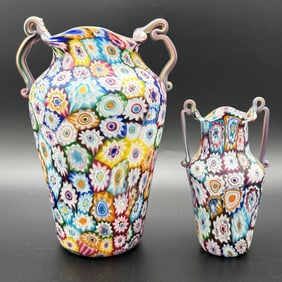 Lot of 2 Murano Italy Millefiori Glass Twin Handled Vases
