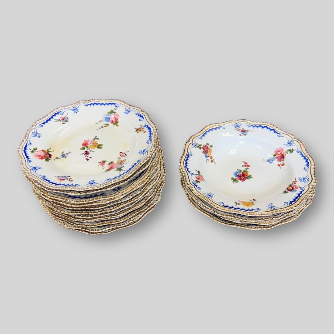 Lot of 16 English Antique Hand Painted Floral Porcelain Plates & Bowls: Lot of 16 English Antique Hand Painted Floral Porcelain Plates & Bowls. Lot incliudes: 4 bowls and 12 plates. Size of plate bowl: 2" x 10.25" x 10.25" ; Plate: 1.25" x 10.25" x 10.25"