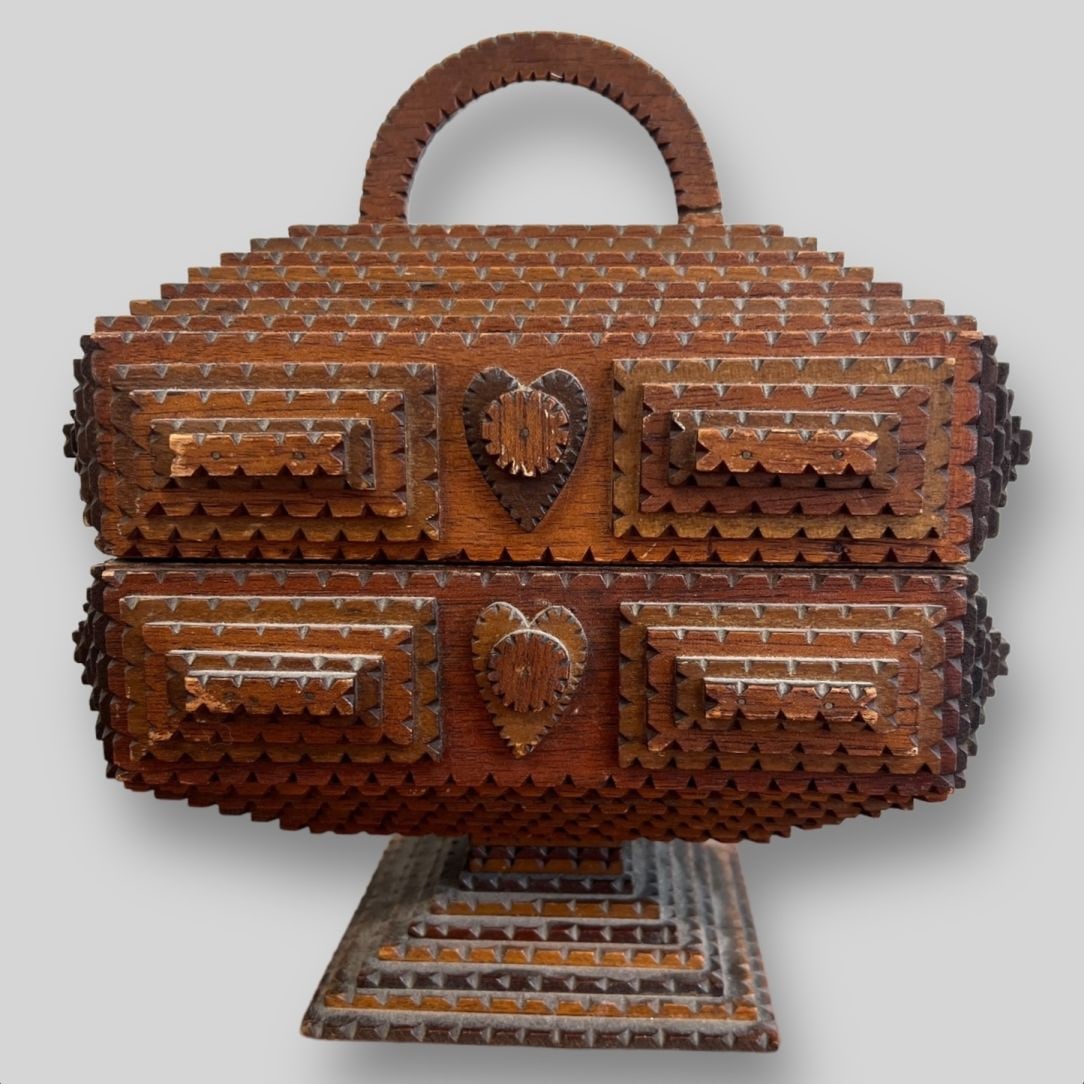 Tramp Art Carved Wooden Pedestal Jewelry Trinket Box (1 of 9)