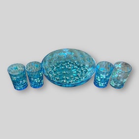 Antique Blue Glass Bowl with 4 Glasses Floral Enamel Hand Painted