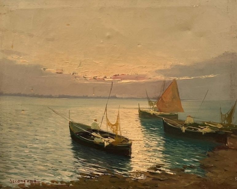 Lawrence Sciarrone (Italian, XXc.) Seascape Oil Painting on Canvas: Lawrence Sciarrone (Italian, XXc.) Seascape Oil Painting on Canvas. Signed bottom left corner in red "Sciarrone." Paintings shows 4 fishing boats at the shore.
