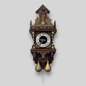 Dutch Haid Burl Walnut Wall Clock w/ Brass Teardrop Weights