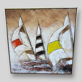 Vintage Illegibly Signed Oil Painting Racing Sailboats Regatta