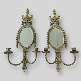 Antique Pair of Cast Brass Oval Mirror Wall Sconces Candle Stick