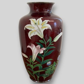 Antique Japanese Red Enamel Vase w/ Floral Design