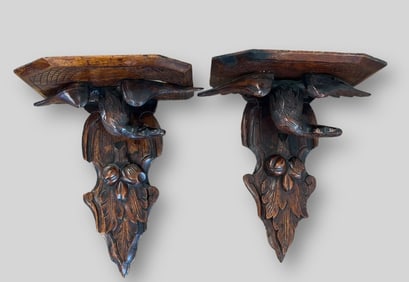 Antique Pair of Black Forest Walnut Eagle Wall Brackets Shelves