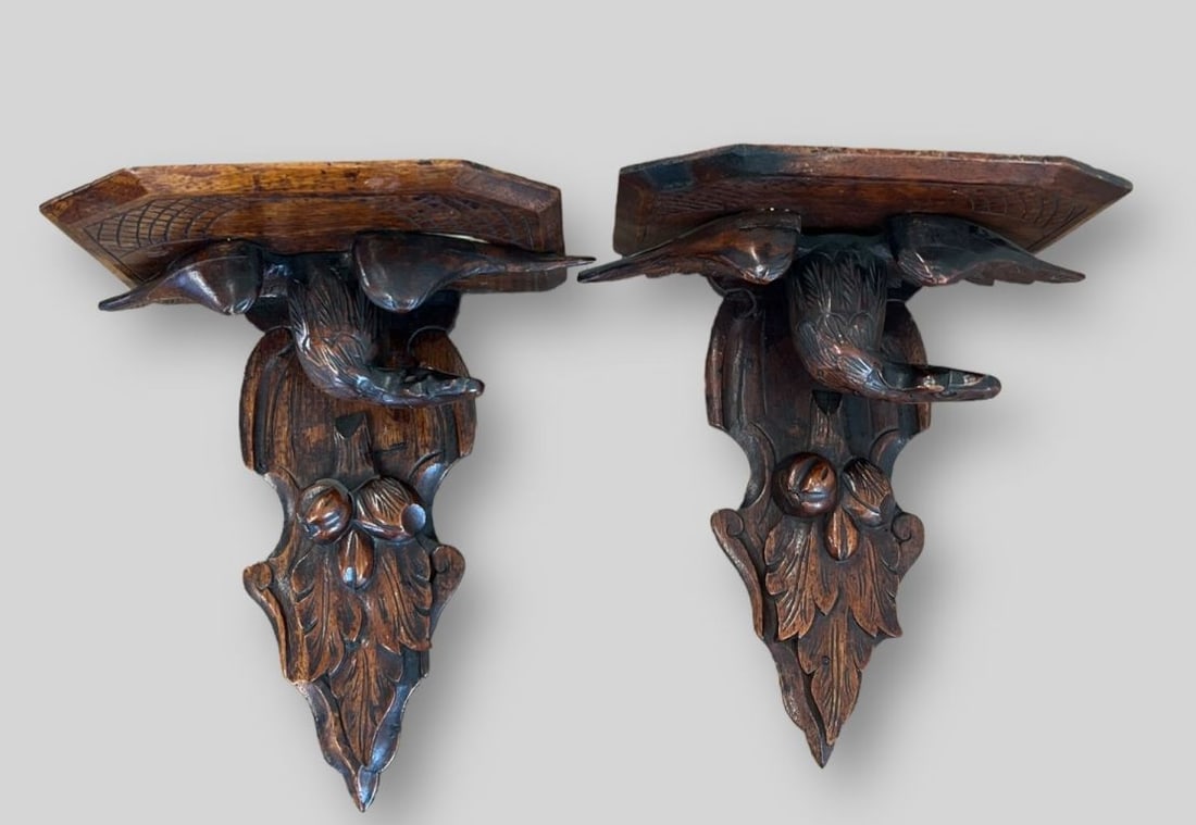 Antique Pair of Black Forest Walnut Eagle Wall Brackets Shelves (1 of 6)