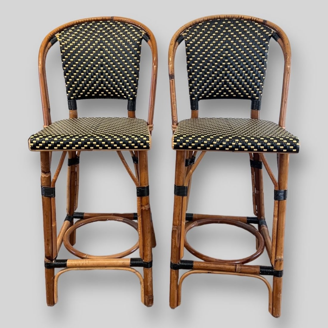 Pair of Mid-Century Modern French Maison J. Gatti Bistro Woven Bar Chairs Stools (1 of 9)