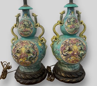 Pair of Chinese Asian Polychrome Porcelain Dragon Lamps