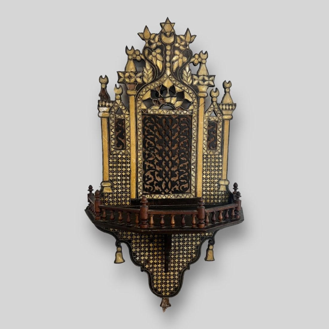 Antique Middle Eastern Syrian Mother of Pearl Inlaid Teak Bracket Wall Shelf (1 of 6)