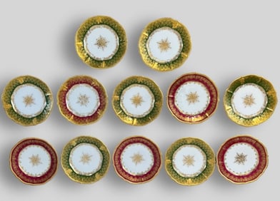 Set of 12 Antique Red & Green Elite Works Limoges Gilt Porcelain Lunch Plates