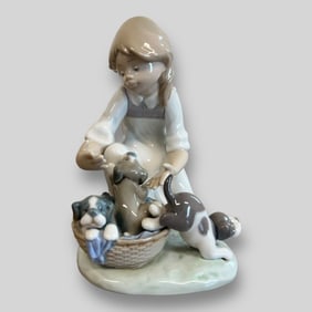 Lladro Spain #5595 'Joy in a Basket' Girl & Puppies Porcelain Figurine