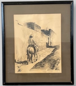 Framed Charcoal Pencil Sketch Drawing South American Mexican