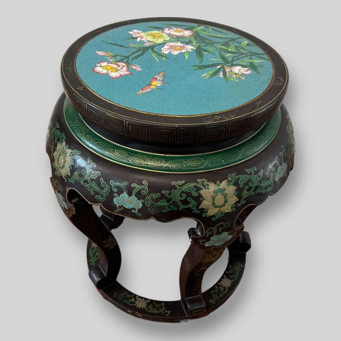 Vintage Chinese Cloisonne Enamel Inset Black Lacquered Carved Wood Stool (1 of 7)