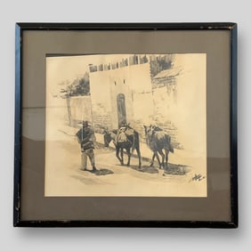 Charcoal Pencil Sketch Drawing Mexican Man Walking w/ Horses Signed