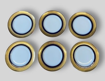 6 Limoges France Gilt Gold & Cobalt Blue Porcelain Plates S&G Gump Co San Francisco