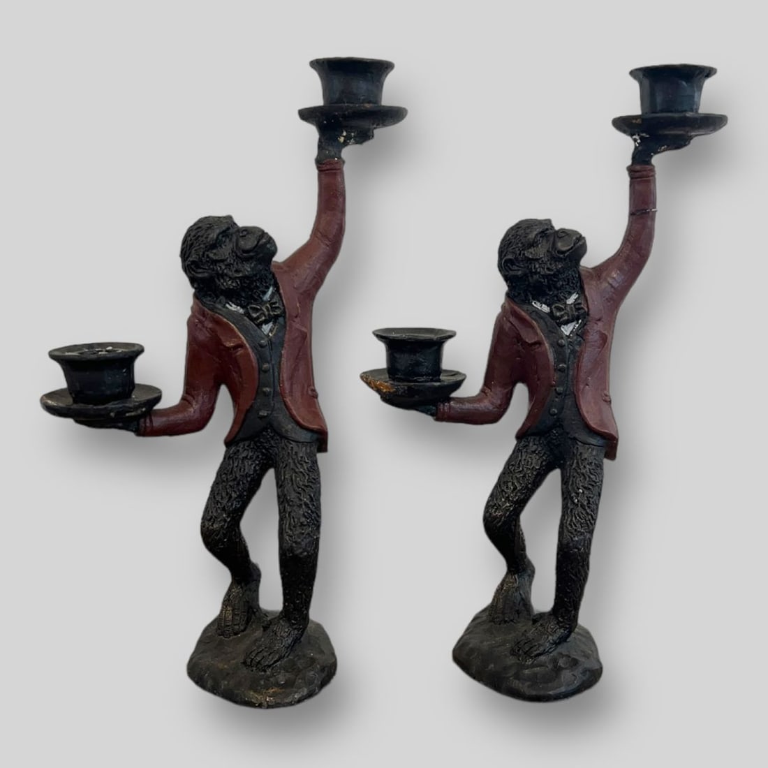 Vintage Pair of Monkeys in Suits Candle Holders: Vintage Pair of Monkeys in Suits Candle Holders. Unsigned. One hand was reglued. Some paint chips to candle holders.