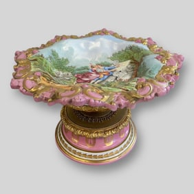 Antique Sevres Hand Painted Porcelain + Gilt Floral Compote Tazza