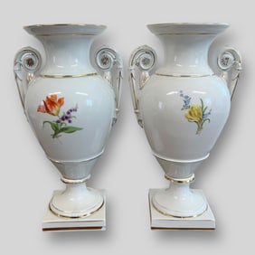 Antique Pair of Meissen Germany Porcelain Floral Vase Urns