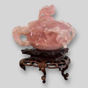 Vintage Oriental Chinese Rose Quartz Censer on Wooden Stand