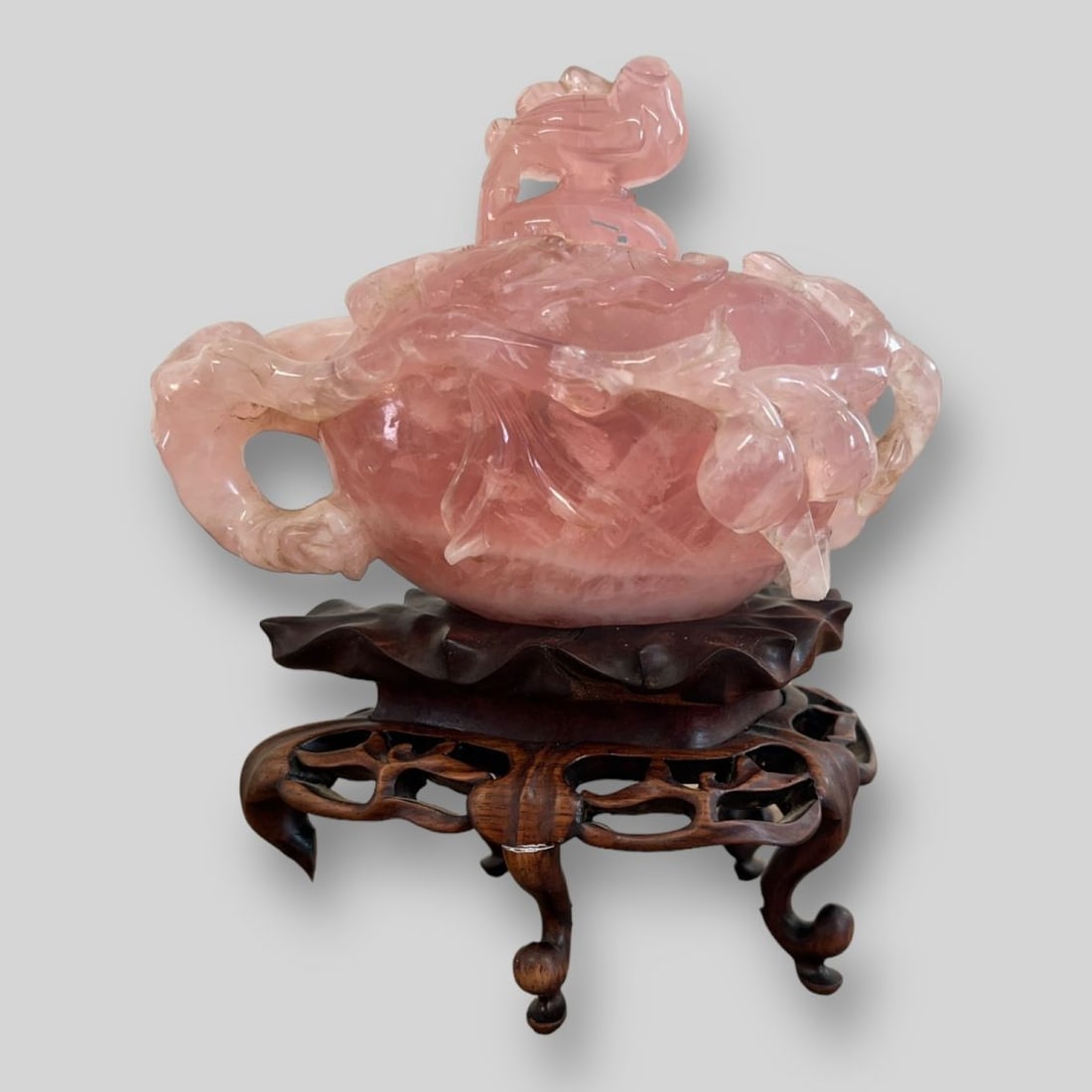Vintage Oriental Chinese Rose Quartz Censer on Wooden Stand (1 of 10)