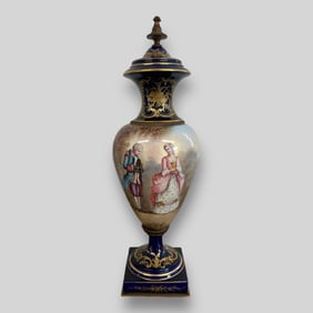 Antique French Hand Painted Sevres Porcelain Courting Scene Urn Vase