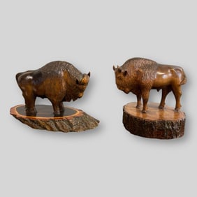Pair of Hand Carved Wooden Bison Animal Figures Sculptures
