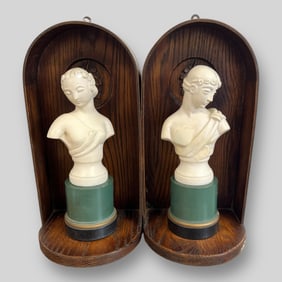 Pair of Signed Female Goddesses Bust Statues in Wooden Shadow Boxes