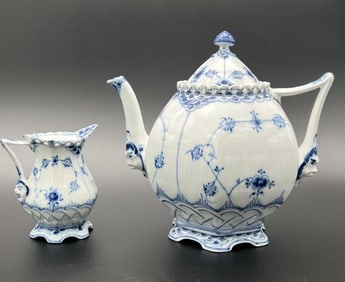 Lot Of 2 Royal Copenhagen Blue Fluted Full Lace Tea Pot And Creamer