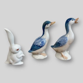 Herend Bunny Rabbit Porcelain Figurine & 2 Japanese Otagiri Geese