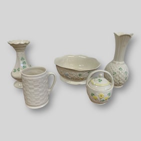 Lot of 5 Belleek Ireland Porcelain Floral Basket Weave Kitchenware